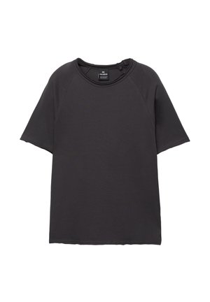 T-shirt corto grigio scuro con scollatura rotonda e maniche raglan. Realizzato in tessuto morbido, presenta una vestibilità comoda e nessun motivo.