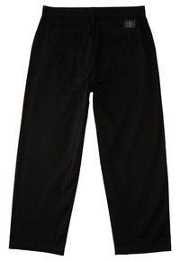Black cotton trousers with a straight cut, featuring two back pockets and a small brand label on the waistband. Smooth texture, minimal design.
