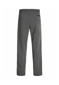 Pantalon gris droit avec taille élastique et une unique poche arrière avec fermeture par bouton, montré de dos.