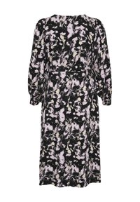 Vestido negro con un estampado floral en rosa y crema, con cintura ceñida y mangas largas abullonadas, hecho de una tela ligera.
