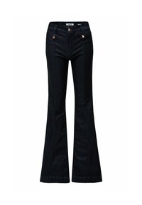 Jeans de mezclilla negros acampanados con una cintura alta, que presentan dos botones frontales, costuras verticales y un diseño clásico de cinco bolsillos.
