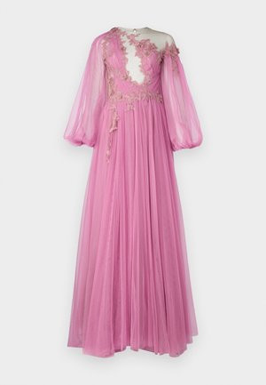 Long pink dress made of sheer fabric, featuring a sheer bodice with floral embroidery, balloon sleeves, and a flowing skirt.