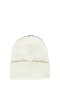 Berretto bianco in maglia con risvolto. Tessuto morbido e elasticizzato con una texture liscia. Design semplice senza motivi o decorazioni.