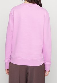 Růžová mikina s kulatým výstřihem a dlouhými rukávy, s jemnou strukturou a žebrovanými manžetami, zobrazená zezadu.