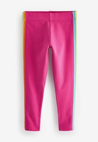 Leggings rosa con una vestibilità aderente, caratterizzati da strisce verticali in contrasto gialle, azzurro e verde lungo ciascun lato. Tessuto morbido e elastico.