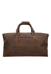 Brązowa skórzana torba turystyczna z podwójnymi uchwytami u góry, złotym okuciem, zewnętrzną kieszenią na zamek oraz gładką, teksturowaną powierzchnią.