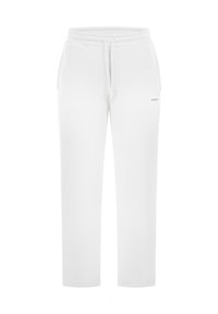 Pantalones de chándal blancos hechos de tela suave, con una cintura elástica, cordón de ajuste y una pequeña etiqueta de marca en la parte frontal. Diseño de pierna recta.