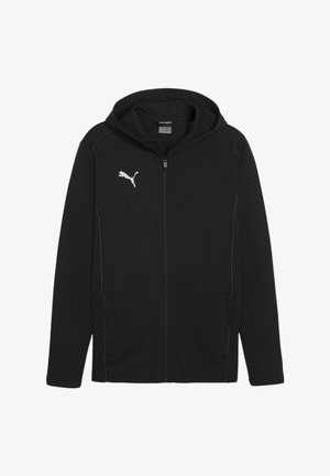 Černá mikina na zip z měkké látky, s klokaní kapsou, bílým lemováním a bílým logem Puma na levé straně hrudi.