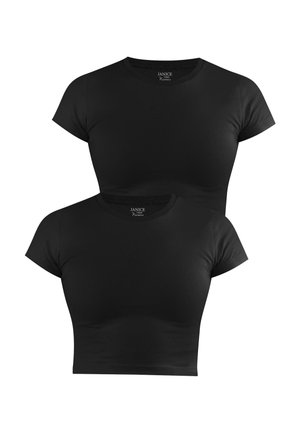 Black short-sleeve crop tops made of stretch fabric, featuring a round neckline and smooth texture. Two are stacked together.