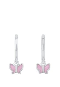 Orecchini a cerchio in argento con charm a forma di farfalla rosa, dal finish lucido e hardware dettagliato. La forma a farfalla arricchisce il design.