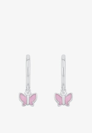 Pendientes de aro plateados con charms de mariposa rosa, acabado brillante y herrajes detallados. La forma de mariposa realza su diseño.