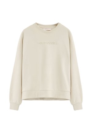 Sudadera beige de cuello redondo con mangas largas y texto en relieve "POLO CLUB" en el pecho, puños y dobladillo acanalados.