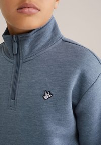 Zila, ar rāvējslēdzēju, puloveris ar augstu apkakli, izgatavots no mīksta auduma. Iekļauts izšūts putna logotips krūtīs. Gluda tekstūra.