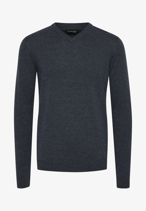 Mørkegrå v-hals genser laget av et mykt strikket stoff. Har lange ermer og ribbestrikket kant. Minimal merkevare ved halsen.