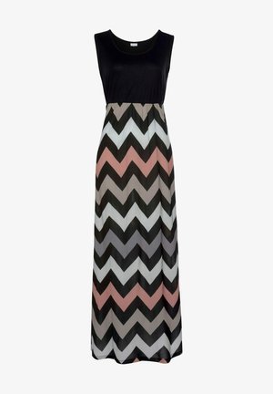 Maxikleid mit schwarzem Oberteil und einem Zickzackmuster in verschiedenen Rosa-, Grau- und Weißtönen. Hergestellt aus einem weichen, leichten Stoff.