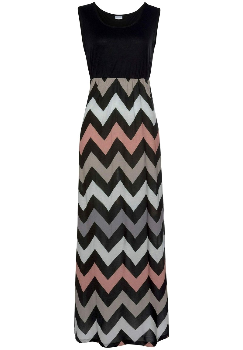 Maxikleid mit schwarzem Oberteil und einem Zickzackmuster in verschiedenen Rosa-, Grau- und Weißtönen. Hergestellt aus einem weichen, leichten Stoff.