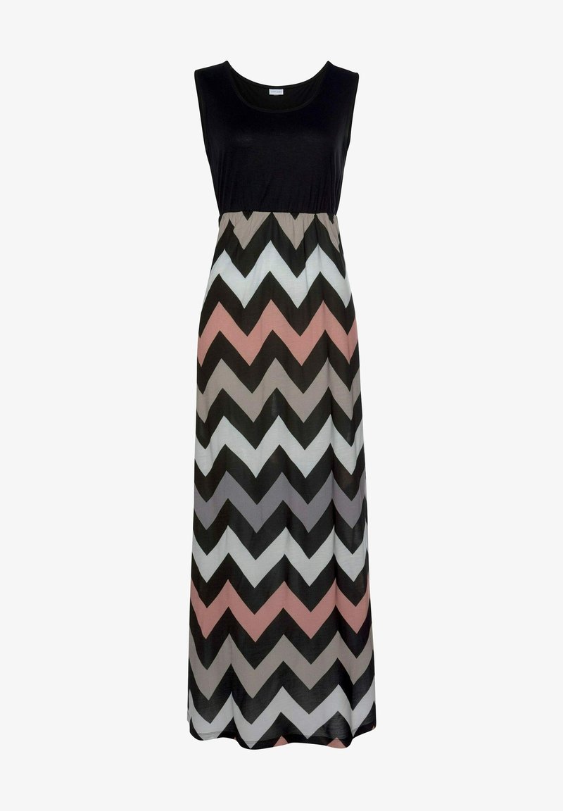 Maxikleid mit schwarzem Oberteil und einem Zickzackmuster in verschiedenen Rosa-, Grau- und Weißtönen. Hergestellt aus einem weichen, leichten Stoff.