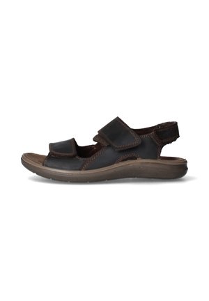 Sandalo in pelle marrone scuro con due cinturini regolabili e suola imbottita, progettato per un uso casual e comfort.