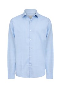 Camicia azzurra chiara a maniche lunghe con motivo a quadretti, realizzata in tessuto liscio, con chiusura a bottoni e colletto classico.