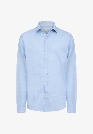 Camicia azzurra chiara a maniche lunghe con motivo a quadretti, realizzata in tessuto liscio, con chiusura a bottoni e colletto classico.