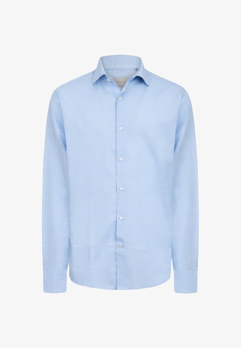 Camicia azzurra chiara a maniche lunghe con motivo a quadretti, realizzata in tessuto liscio, con chiusura a bottoni e colletto classico.