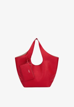 Borsa a mano in pelle rossa testurizzata con manici larghi e una piccola pochette coordinata con cerniera attaccata.