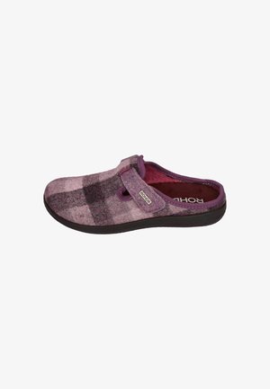 Purple plaid slip-on clog made of soft felt material. Features a rounded toe and a textured rubber sole. Interior is a solid dark purple.