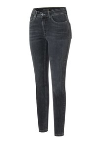 Jeans ajustados de denim negro con cintura alta, con cierre delantero de botón, trabillas para cinturón y diseño de cinco bolsillos. Acabado ligeramente desgastado.