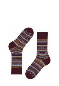 Calze borgogna con un design a motivi, accentuate da blu, giallo e bianco, forme geometriche e bordi decorativi.