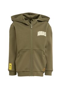 Olijfgroene hoodie met rits en een capuchon, met het witte 'ADIDAS' logo, twee voorkleppen en een gele accentlabel op de mouw.