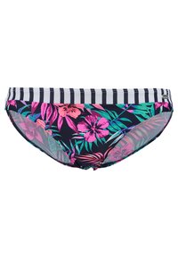 Bikiniunterteil mit einem schwarz-weißen gestreiften Taillenbund, der auf einem dunklen Hintergrund mit bunten tropischen Blumenmustern in Pink und Grün verziert ist.