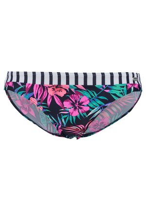 Bikini onderkant met een zwart-wit gestreepte tailleband, versierd met kleurrijke tropische bloemenpatronen in roze en groen op een donkere achtergrond.