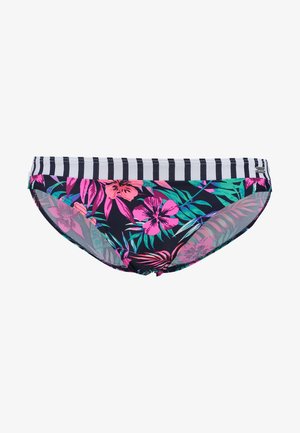 Bikini onderkant met een zwart-wit gestreepte tailleband, versierd met kleurrijke tropische bloemenpatronen in roze en groen op een donkere achtergrond.