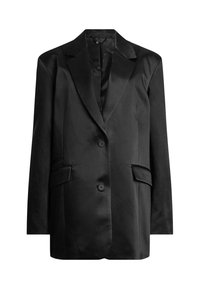 Blazer in satin nero con collare a punta, chiusura a due bottoni e tasche frontali. Presenta una texture liscia e una silhouette strutturata.