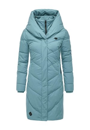 Padded coat in light turquoise, featuring a large collar, chevron stitching, long sleeves, and two side pockets. Zippered closure.