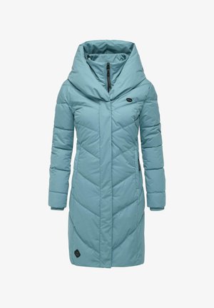 Padded coat in light turquoise, featuring a large collar, chevron stitching, long sleeves, and two side pockets. Zippered closure.