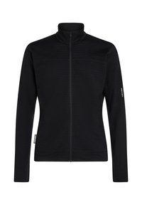 Zwarte lange mouwen zip-up jas met hoge kraag, slim fit en subtiele merktekens op de linkermouw en de linkerkant van de zijnnaad.