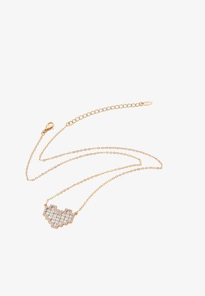 Zlatý řetízek s geometrickým přívěskem zdobeným průhlednými kamínky, který vytváří třpytivý akcent. Design zdůrazňuje liniové vzory.