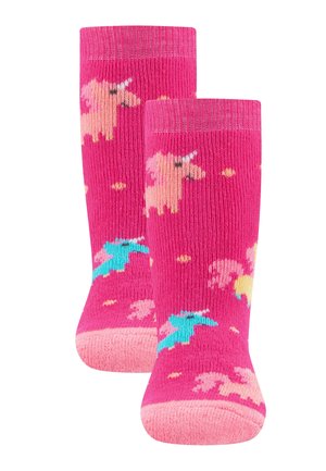 Helle pinke Socken mit gestrickten Einhörnern in Pink und Türkis, verstreut mit kleinen gelben Punkten sowie hellrosa Zehen und Bündchen.