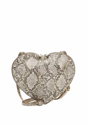 Hartvormige schoudertas met beige en bruin slangenhuidpatroon en verstelbare schouderriem.