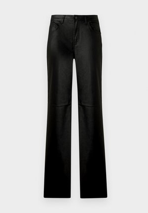 Pantalons en cuir noir avec une coupe droite, dotés de poches avant, d'une fermeture à bouton et d'une texture lisse.