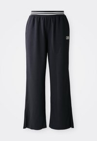 Pantaloni sportivi neri con un design a gamba larga, cintura elastica con strisce nere e bianche e spacco ai fondi.