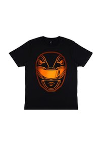 Sort bomulds t-shirt med et stort orange grafisk tryk af et maskeret ansigt med indviklede detaljer, herunder skarpe øjne og en stiliseret mund.
