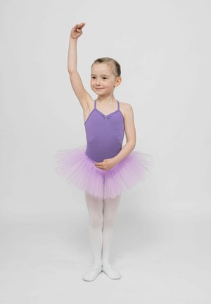 Purple ballet leotard with thin straps, paired with a light purple tulle tutu. White leggings and ballet shoes complete the outfit.