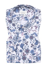 Witte overhemden met een blauw en paars bloemenpatroon, slim fit ontwerp, standaard kraag en twee voorkeurszakken.