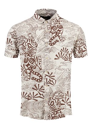 Camicetta a maniche corte con base bianca e stampa astratta di tigre marrone, caratterizzata da spirali e motivi a ventaglio. Bottoni sul davanti, colletto classico.