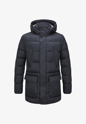 Dunkelblaue Steppjacke mit Kapuze, zwei Fronttaschen, gestepptem Muster und einem leicht längeren Schnitt für zusätzlichen Wärme.