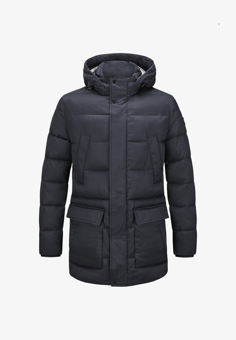 Dunkelblaue Steppjacke mit Kapuze, zwei Fronttaschen, gestepptem Muster und einem leicht längeren Schnitt für zusätzlichen Wärme.