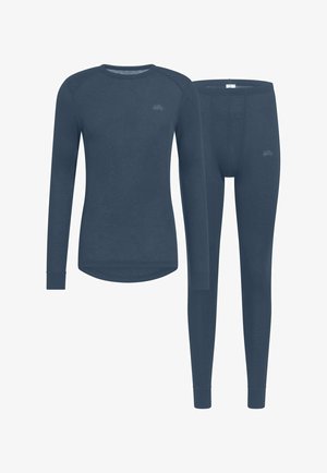 Navy blue long-sleeve thermal top and matching leggings set with ribbed cuffs and subtle logo on chest and thigh.