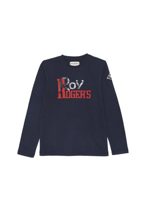 T-shirt a maniche lunghe blu navy in cotone, con un design grafico rosso e argento che presenta il testo "Roy Roger's" e un logo triangolare sulla manica.